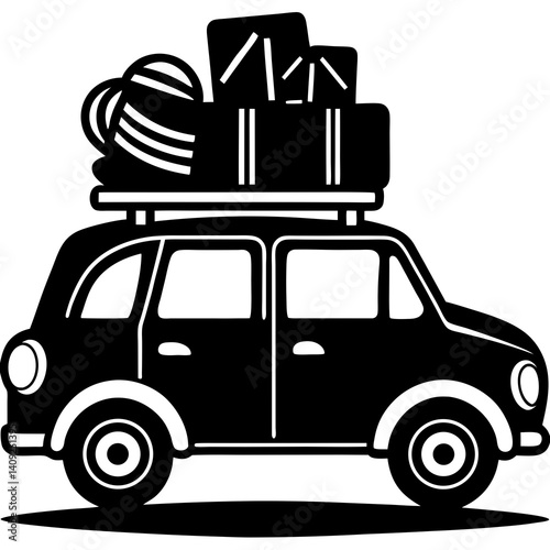 Silhouette of a family car packed with luggage on a road trip 