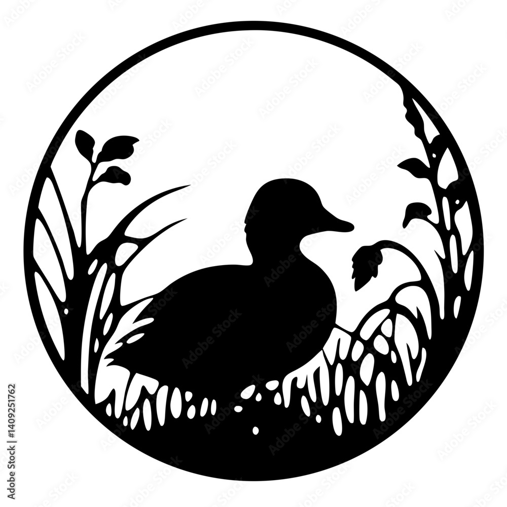 Fototapeta premium Elegant black and white duck silhouette surrounded by foliage within a circle