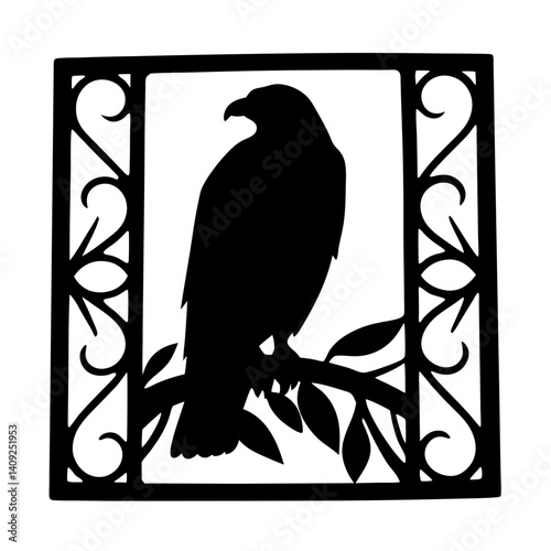 Silhouette of an eagle perched on a branch within an ornate frame