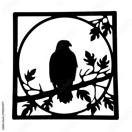 Silhouette of a majestic hawk perched on a leafy branch within a frame