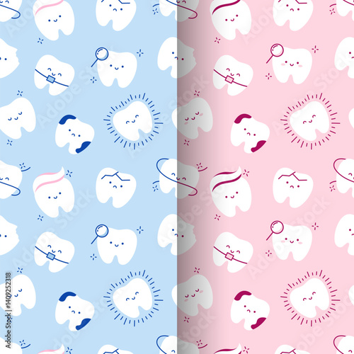 Set of seamless patterns with teeth. Backgrounds with cute teeth for children's dentistry. Funny characters of teeth for baby dentistry. Good for orthodontics covers, textiles. Vector illustration