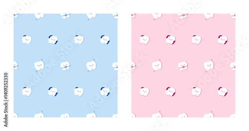 Kawaii teeth characters. Seamless pattern set with teeth. Tooth concept. Light blue and pink backgrounds for poster, fabric print, wallpaper, wrapping paper, baby party. Funny characters of teeth