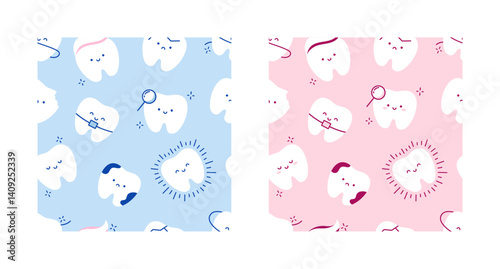 Seamless patterns with teeth for children's dentistry. Funny characters of teeth on pink and blue backgrounds. Different emotions. Sick tooth, healthy, clean, tooth with braces. Concept care teeth
