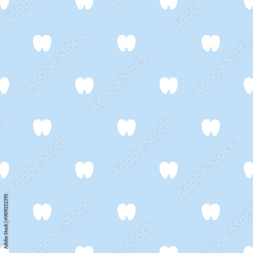Seamless pattern with white teeth on blue background. Background for dentistry, textiles, covers, wallpapers, wrapping paper, surfaces, banners, prints, cards. Concept of brushing teeth, dental care