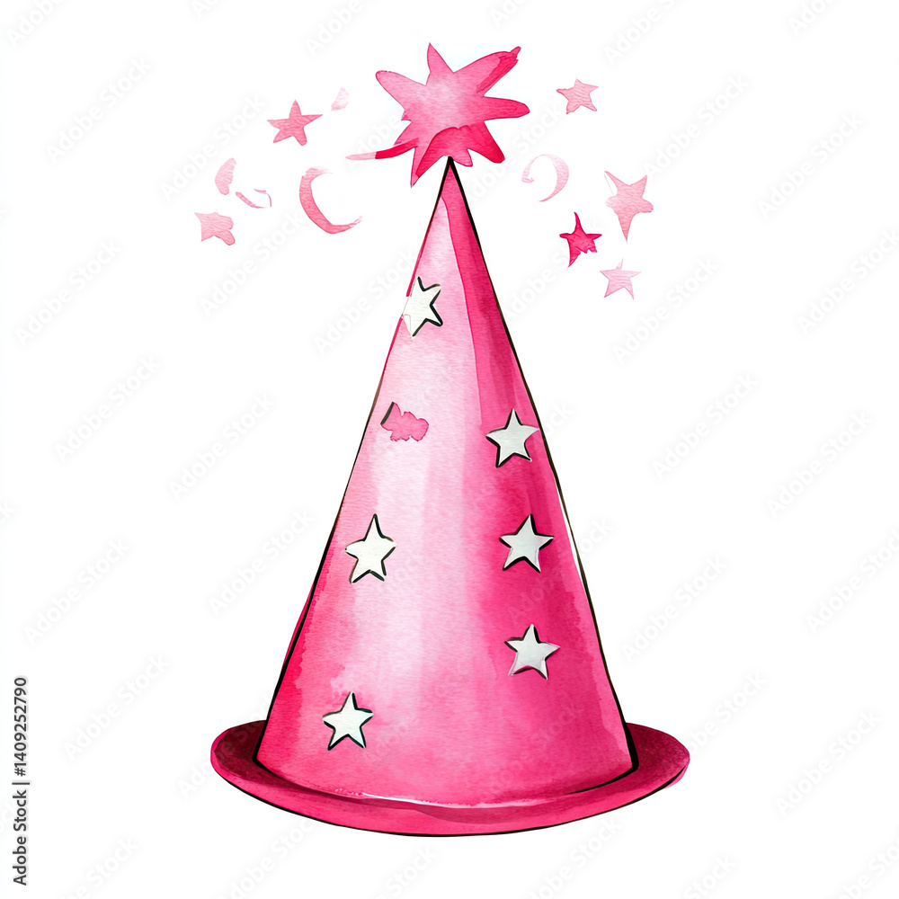 Festive pink watercolor party hat with white stars for celebration design Festive pink watercolor party hat with white stars for celebration design