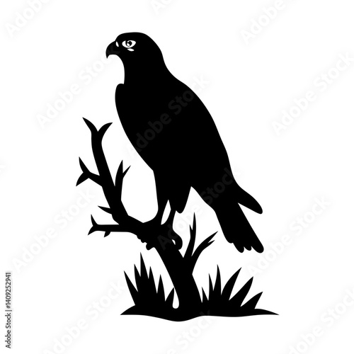 Black silhouette of a majestic hawk perched on a barren branch, waiting