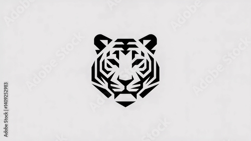 Geometric tiger face logo, symmetrical, sharp angles, monochrome, corporate branding style