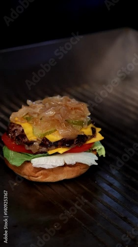 Close-up of a half-assembled burger with lettuce, tomato, onion, cheddar cheese and sauce on a grill surface in a professional kitchen
