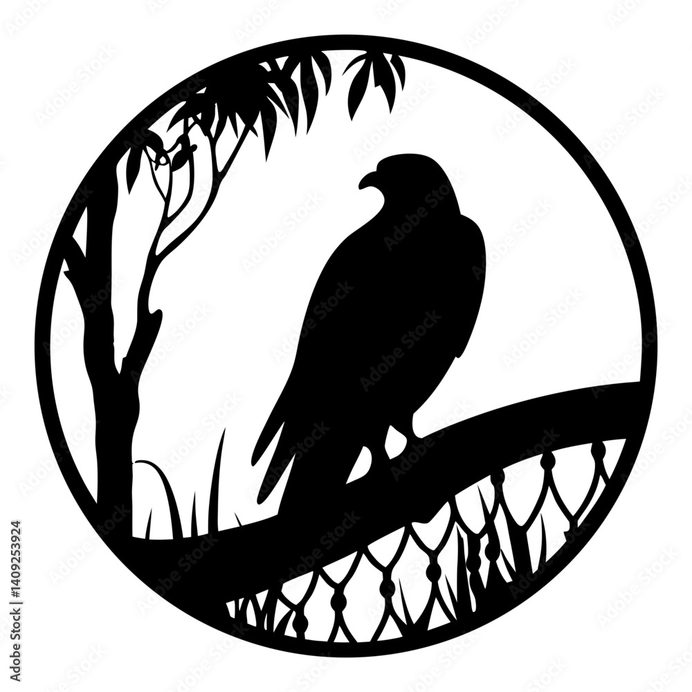 Fototapeta premium Majestic Bird Silhouette in Circle Frame with Branch and Floral Accents