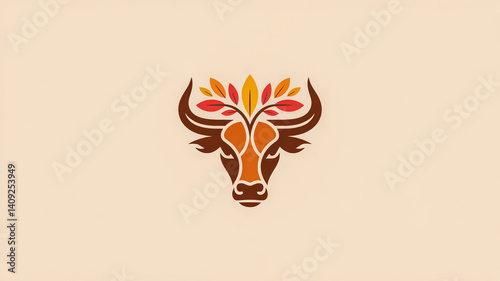 Minimalist bull head logo with autumn leaves crown, golden brown tones, sleek vector style, symmetrical, corporate branding