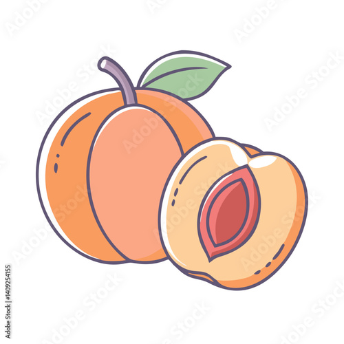 A whole peach and a peach half illustration featuring a vibrant color palette and simple line art style