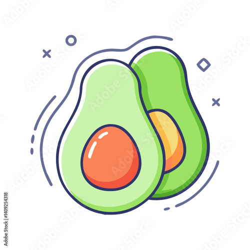 Cartoon Illustration of Two Halved Avocados with Visible Pit