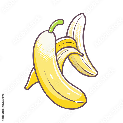 A partially peeled ripe yellow banana illustration featuring vibrant colors and a cartoonish style