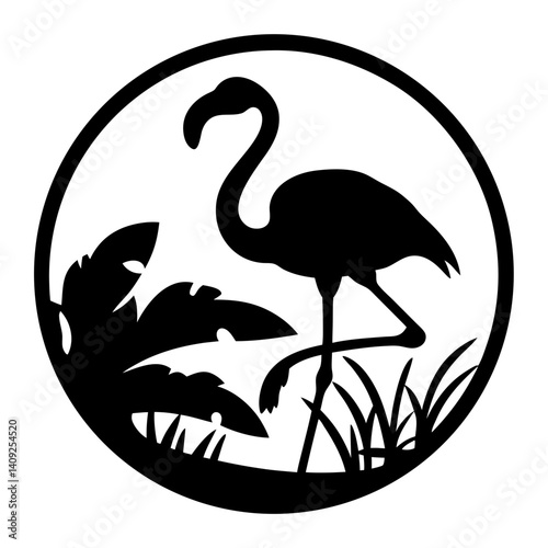 Black silhouette of a flamingo standing near tropical plants in a circle