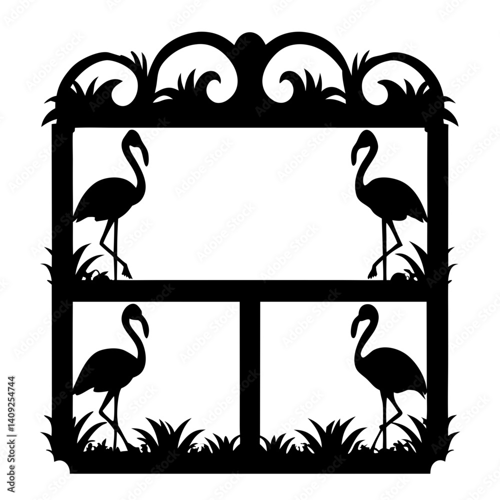 Naklejka premium Silhouette Frame with Four Flamingos and Ornate Details in Black and White