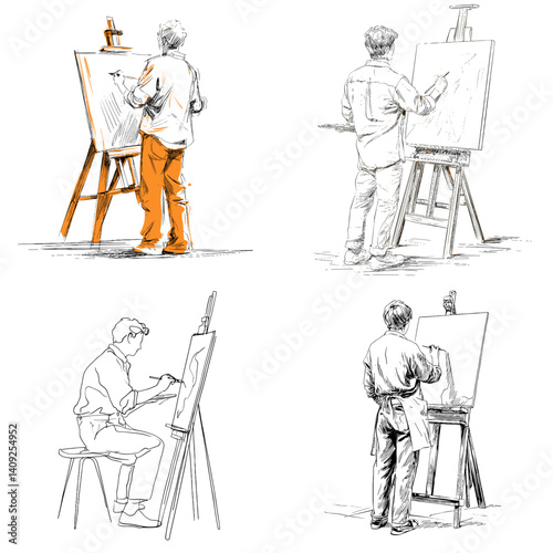 Sketch-style illustrations of male artists painting on easels in various poses. Ideal for art education, creative content, workshop flyers, and artistic profession themes.

