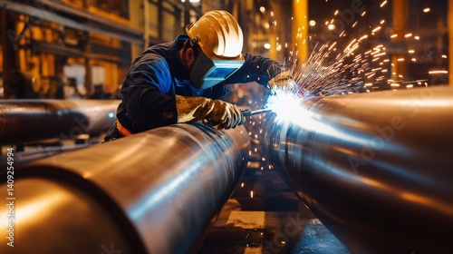 Pipe fitter welding large steel pipes for industrial use. Featuring strength and precision