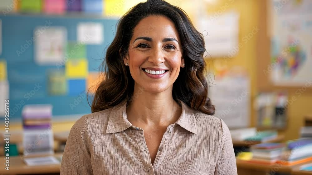 Cheerful visible smiles while holding a tablet in a classroom, with a bulletin board covered in sticky notes engaging in the background, creating a positive and teacher learning environment video 4k Cheerful visible smiles while holding a tablet in a classroom, with a bulletin board covered in sticky notes engaging in the background, creating a positive and teacher learning environment video 4k