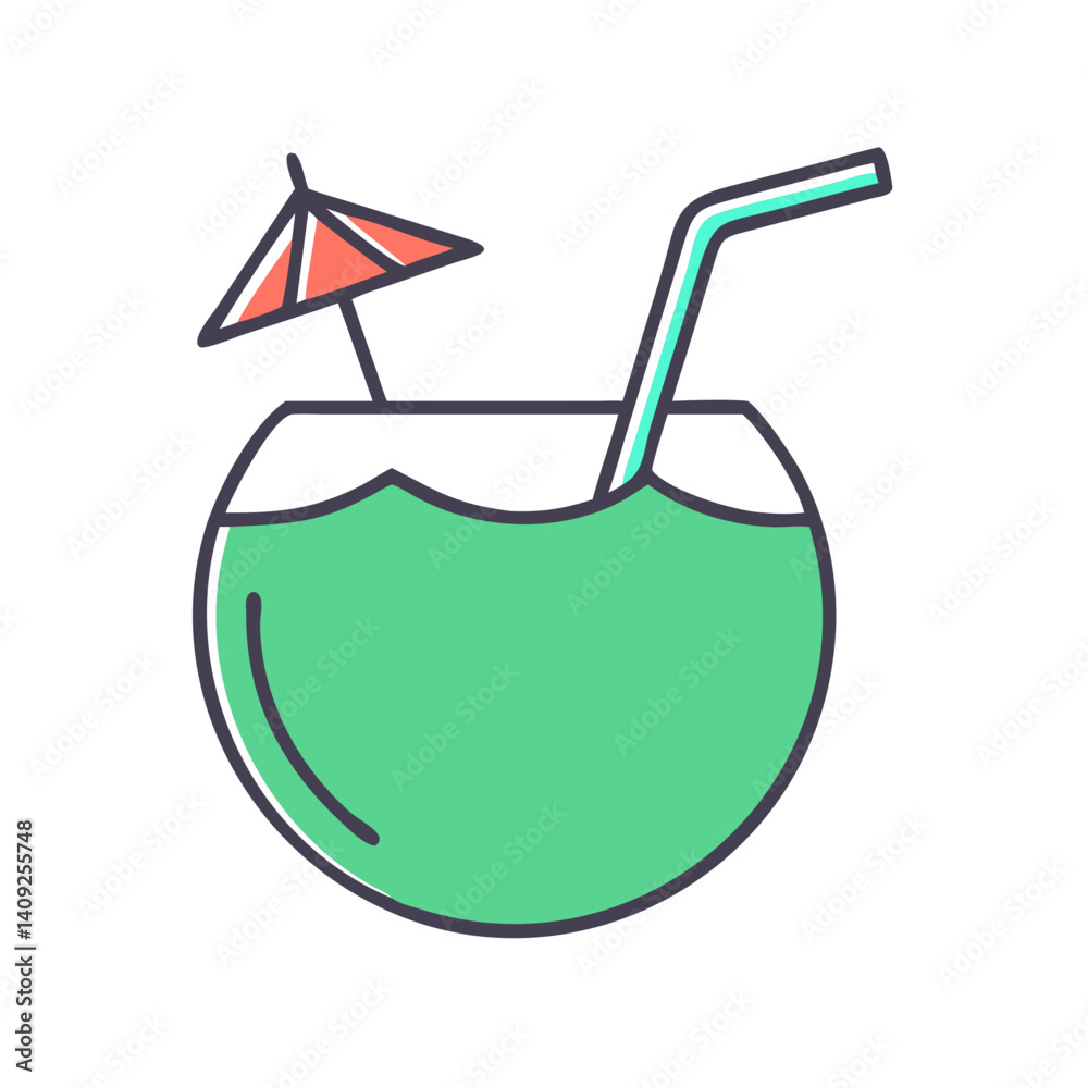 Refreshing Coconut Drink with Straw and Umbrella Summer Beverage Tropical Cocktail Refreshing Coconut Drink with Straw and Umbrella Summer Beverage Tropical Cocktail