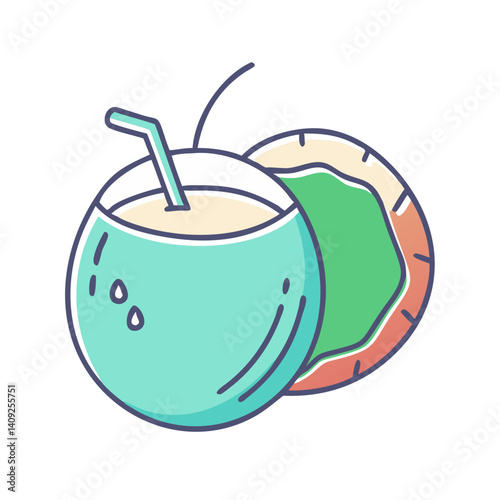 Refreshing Coconut Drink with Straw Tropical Summer Beverage Illustration