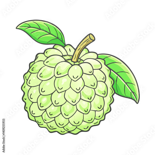 A Detailed Illustration of a Cherimoya Fruit with Vibrant Green Leaves