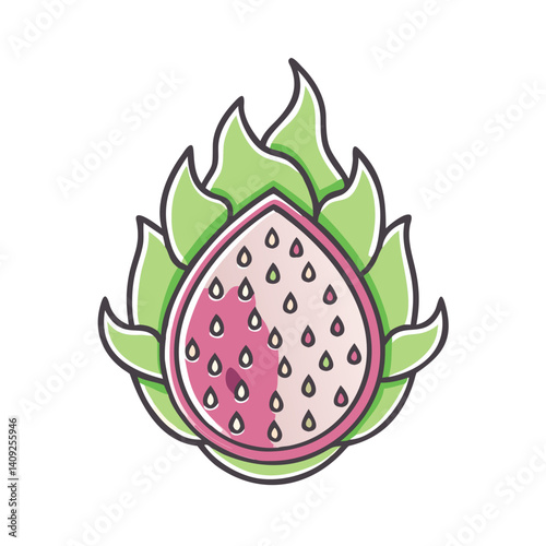 A vibrant illustration of a dragon fruit half showing its pink and white flesh with numerous tiny black seeds surrounded by bright green spiky leaves