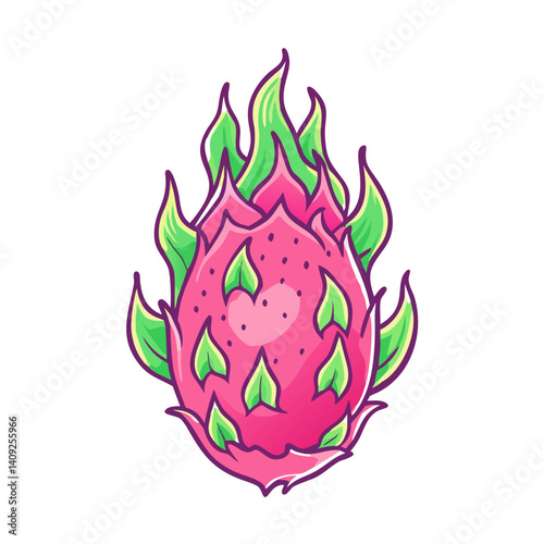 Vibrant Pink Dragon Fruit Illustration with Green Spiky Leaves Detailed Drawing of Tropical Fruit