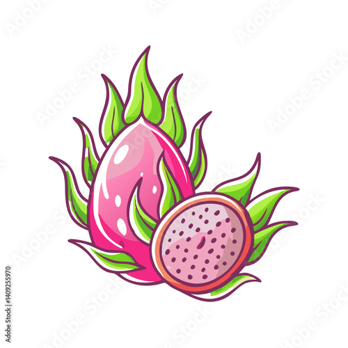 Vibrant Illustration of a Dragon Fruit with its Flesh Exposed Showing the Seeds and Bright Pink Color