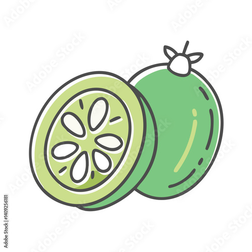 A vibrant illustration of a feijoa fruit sliced in half showing its unique internal structure and seeds a delicious tropical treat