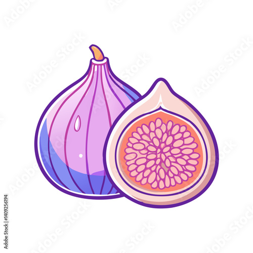 A vibrant illustration of two figs one whole and one sliced showcasing their intricate internal structure and juicy texture