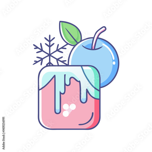 A delightful winter beverage illustration featuring a frosty pink drink topped with melting ice and a vibrant blue plum