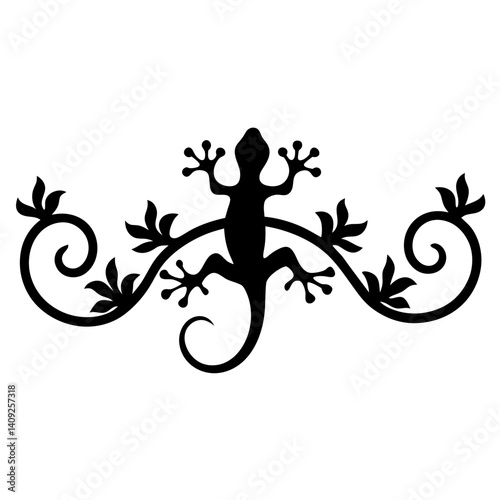 Silhouette of a lizard climbing on a black swirling plant design pattern