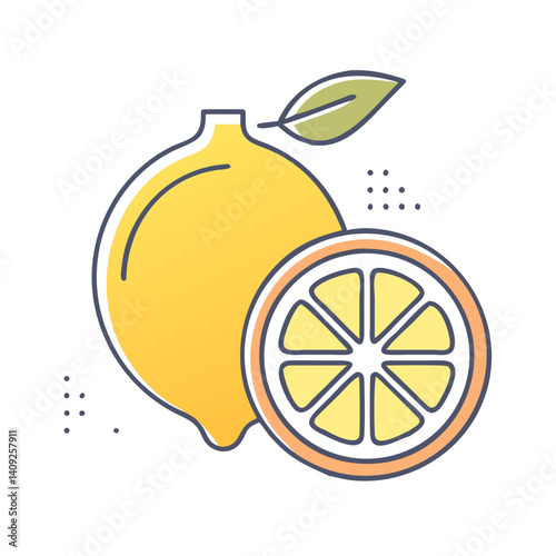 A whole lemon and a slice of lemon illustration with a leaf graphic design element