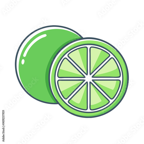 A whole lime and a juicy lime slice illustration depicting fresh citrus fruit