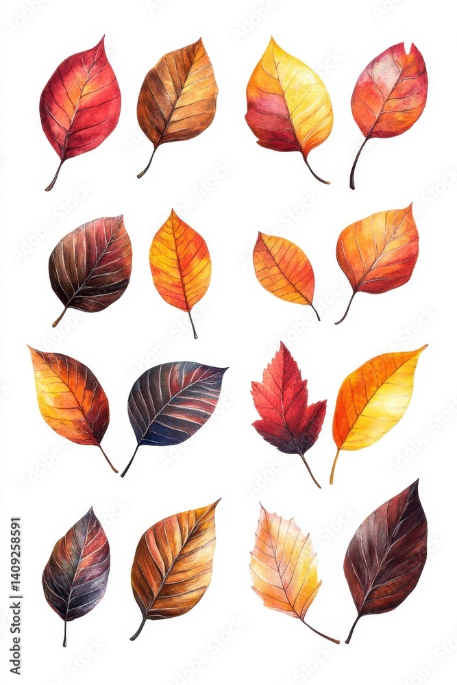 Fototapeta premium Watercolor Autumn Leaves Composition in Red Brown Orange and Yellow Tones on White Background Artistic Fall Foliage Illustration