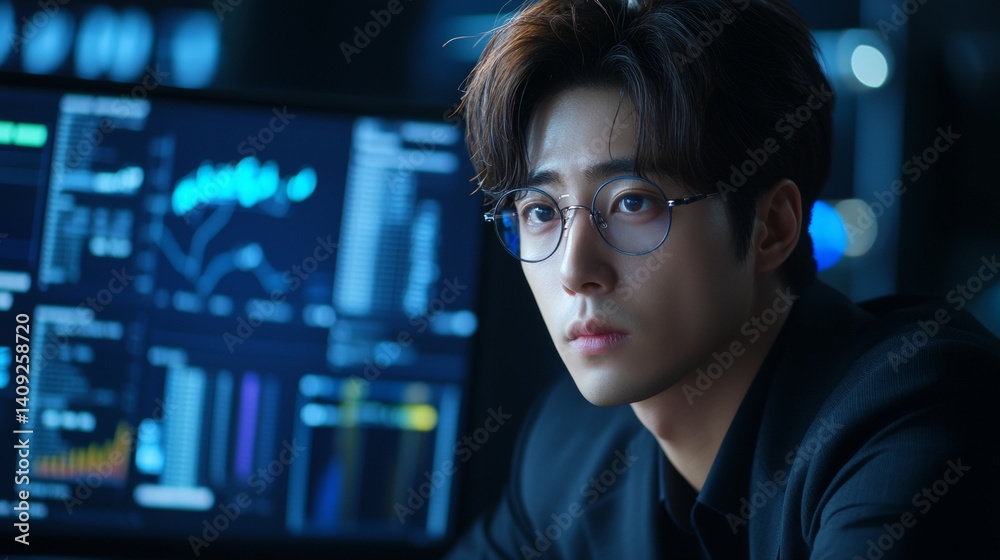 Young professional analyzes data on screen in modern office environment during evening hours Young professional analyzes data on screen in modern office environment during evening hours