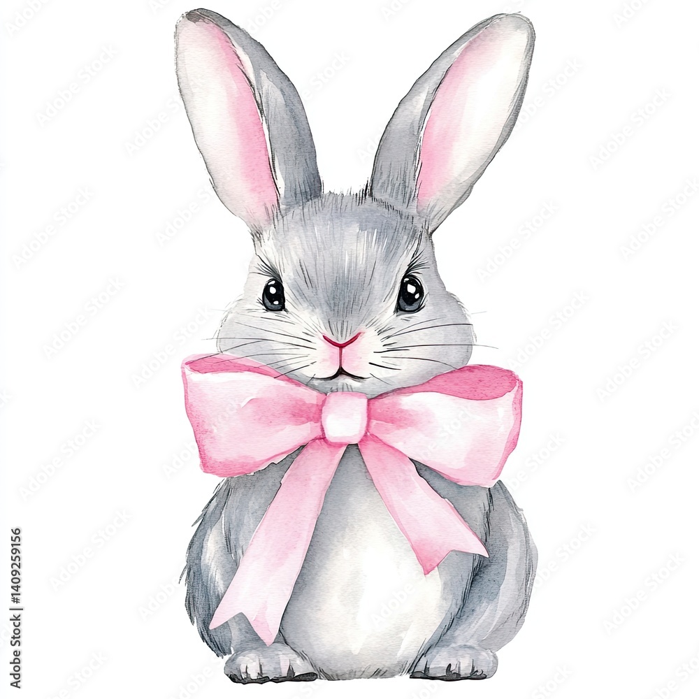 Obraz premium Charming watercolor easter bunny with pink bow for holiday design and decoration