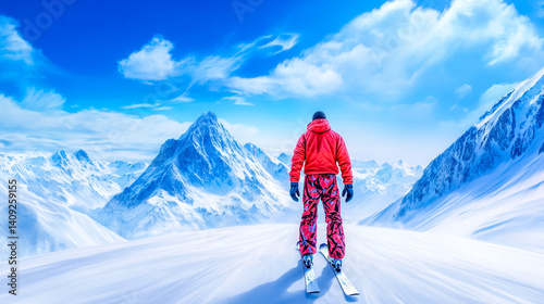 Skier admiring majestic snowy mountain peaks in winter wonderland