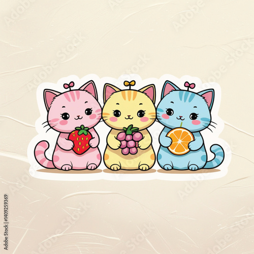 Three cute little cats holding fruit. generate AI.
