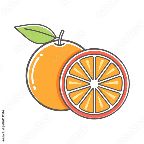 A whole orange and a segment of orange fruit illustration with leaf