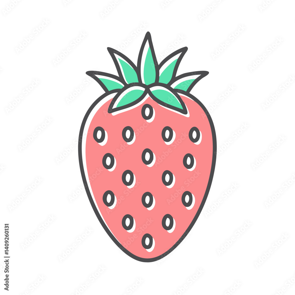 Obraz premium A Cute Cartoon Illustration of a Red Strawberry with Green Leaves and Small Seeds