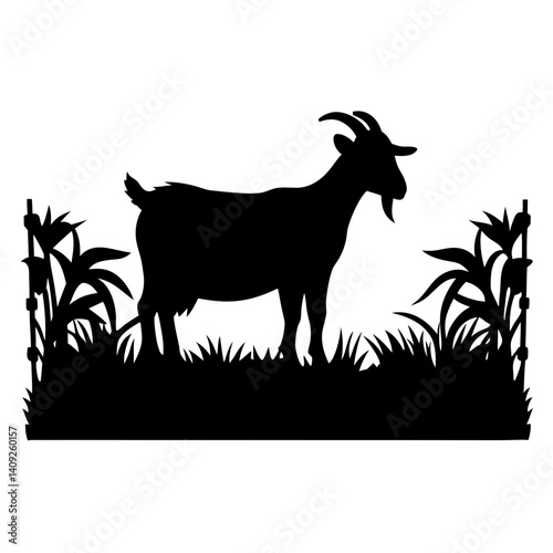Silhouette of a goat in grass with some plants around him