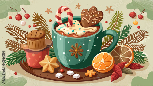 Cozy hot chocolate with gingerbread cookies and pine cones on a textured gray background.