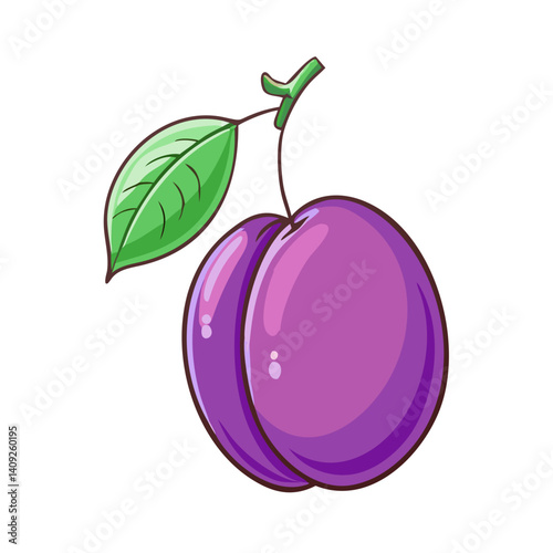 A vibrant illustration of a ripe plum with a single green leaf attached to its stem, showcasing its plump and juicy appearance against a white background