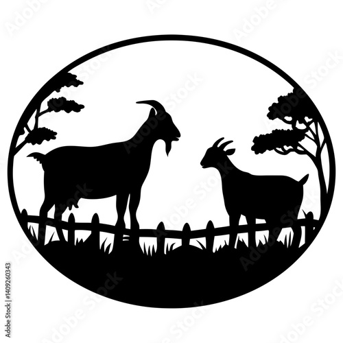Black and white silhouette of two goats in a circular frame