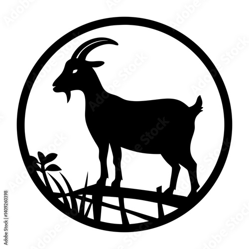 Silhouette image of a goat with horns standing on a fence
