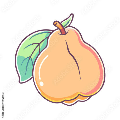 A Vibrant Illustration of a Ripe Quince Fruit with a Lush Green Leaf