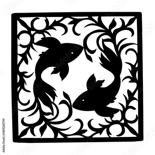 Black and White Decorative Panel with Two Fish and Floral Elements