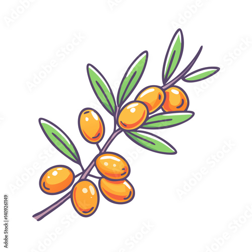 Vibrant Illustration of a Sea Buckthorn Branch with Ripe Orange Berries and Lush Green Leaves