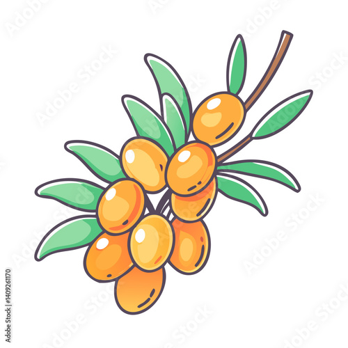 Vibrant Illustration of a Sea Buckthorn Branch with Ripe Orange Berries and Lush Green Leaves